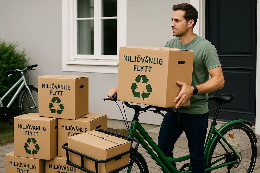 Miljövänlig flytt med återvunna flyttlådor och cykeltransport