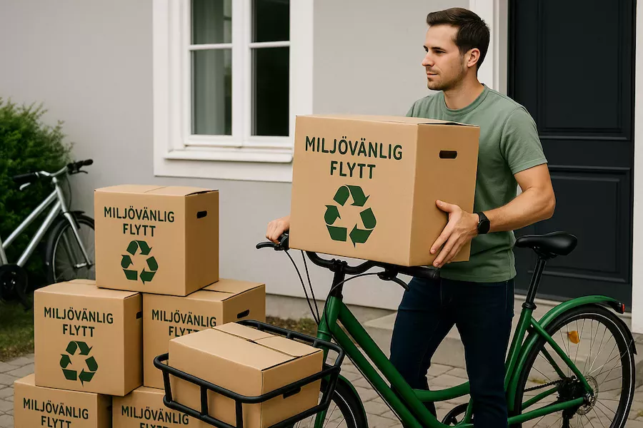 Miljövänlig flytt med återvunna flyttlådor och cykeltransport